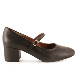 Sandalia de piel negra con tacón medio y pulsera, modelo Clareta, vista lateral izquierda.