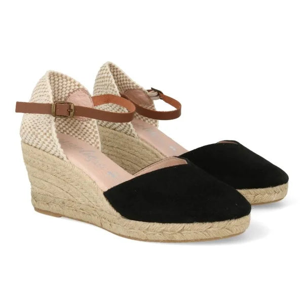 Cuñas esparto mujer piel serraje negro