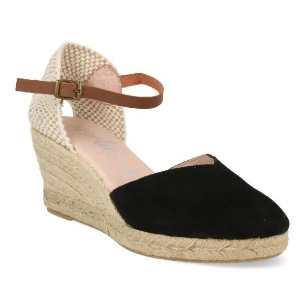 Cuñas esparto mujer piel serraje negro