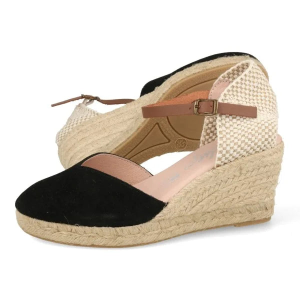 Cuñas esparto mujer piel serraje negro
