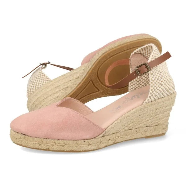 Cuñas esparto mujer piel serraje rosa