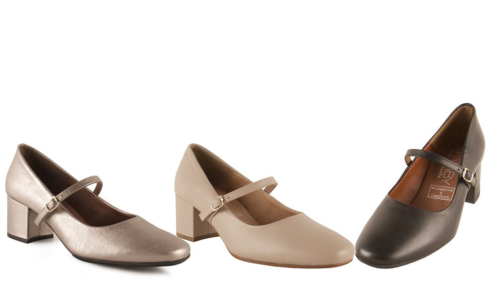 Sandalias modelo Clareta en tres colores: metal titan, beige y negro. Todas con tacón medio y pulsera.