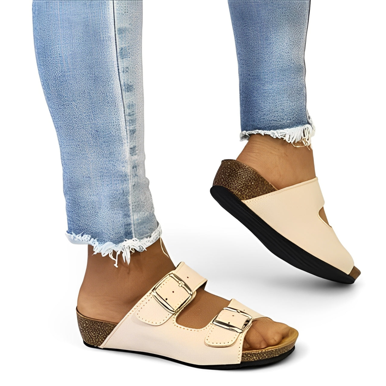 Sandalia de piel cómoda BIO 2 hebillas Beige