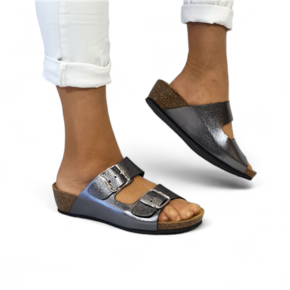 Sandalia de piel cómoda BIO 2 hebillas Plata