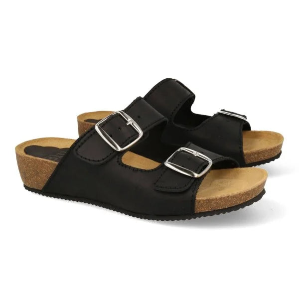 Sandalia Cuña de piel cómoda BIO 2 hebillas Negra