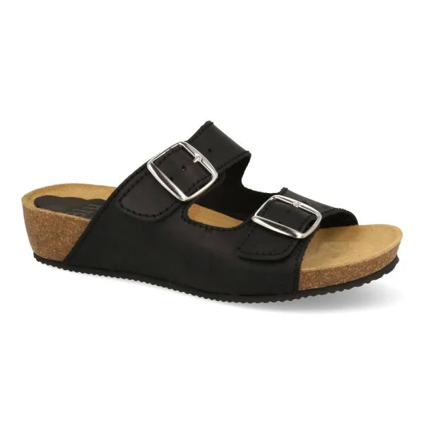 Sandalia Cuña de piel cómoda BIO 2 hebillas Negra