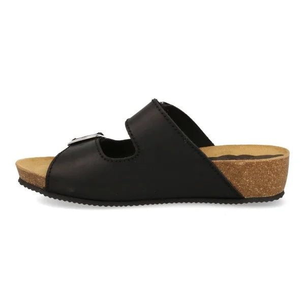 Sandalia Cuña de piel cómoda BIO 2 hebillas Negra