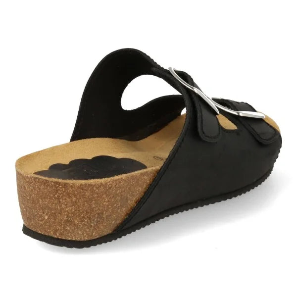 Sandalia Cuña de piel cómoda BIO 2 hebillas Negra