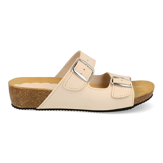 Sandalia Cuña de piel cómoda BIO 2 Hebillas Beige