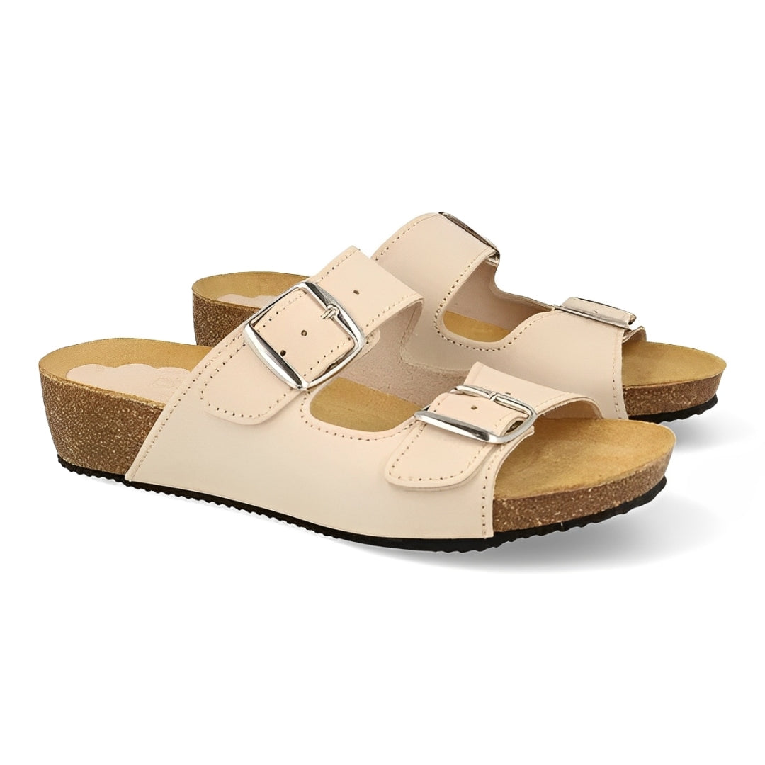 Sandalia Cuña de piel cómoda BIO 2 Hebillas Beige
