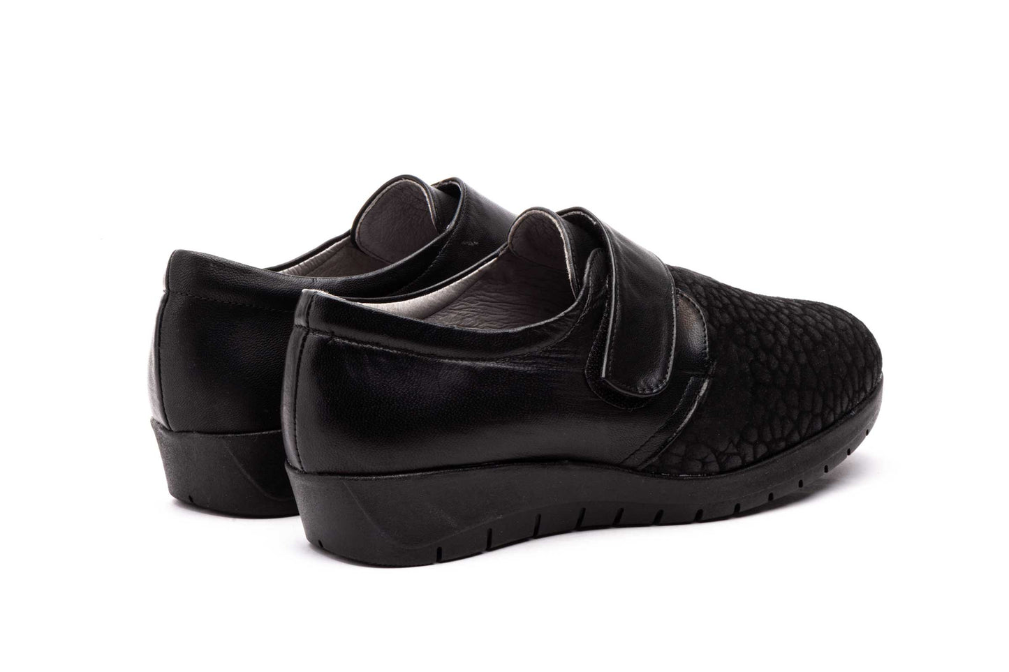 Zapatos Mujer Piel Licra Negro Velcro Ancho Especial