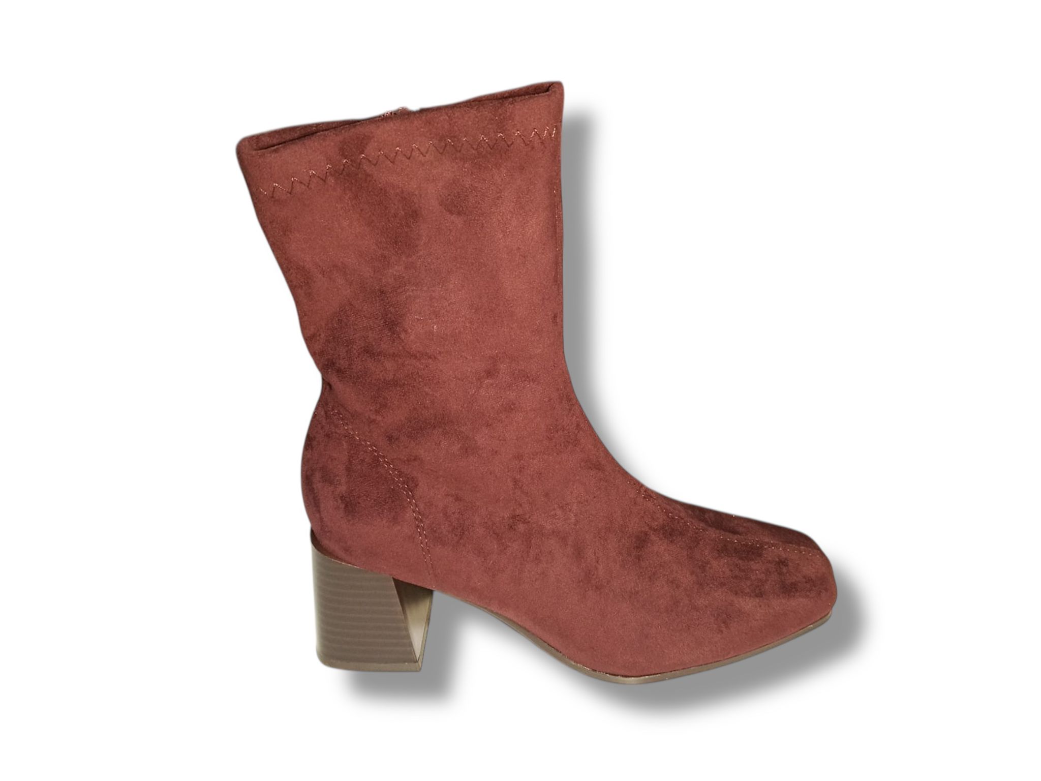 2043 Botín para señora con tacón para vestir en ante de color burdeos.