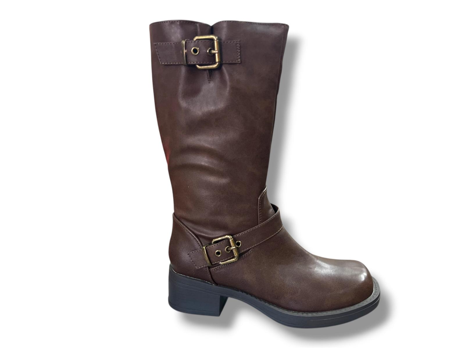 25316 Bota para señora tipo motorista con cremallera lateral de color marrón