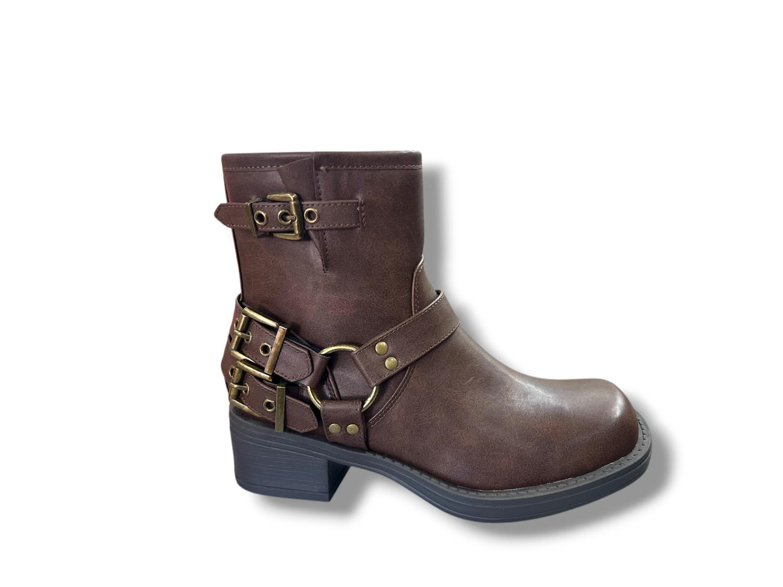 25318 Botín para señora tipo motorista con cremallera lateral de color marrón